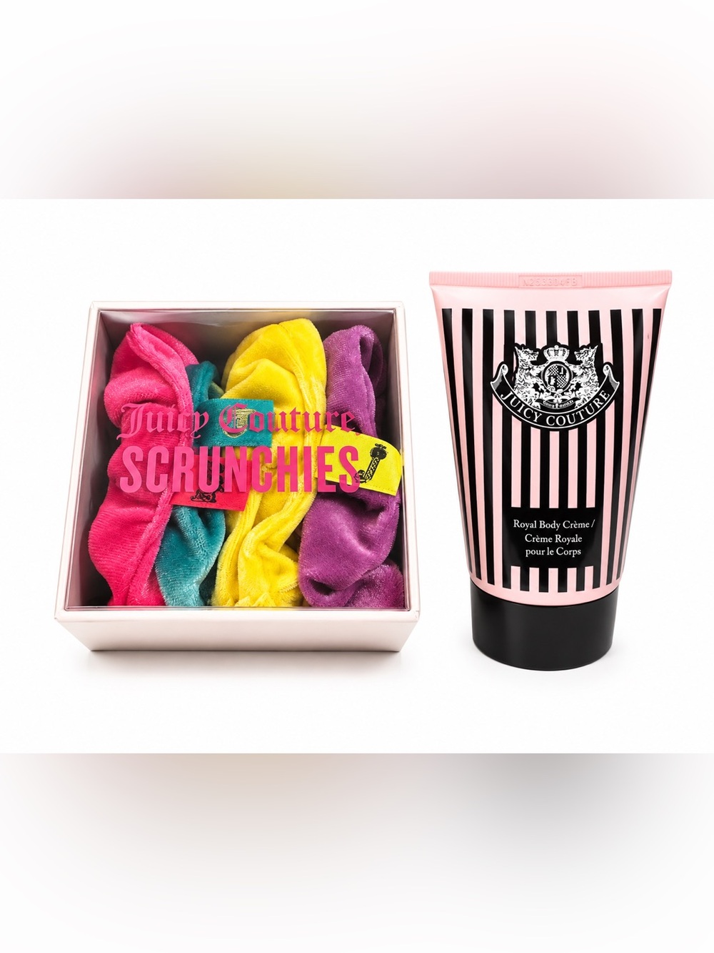 Juicy Couture Pink Striped Body Cream with Bright Velvet‎ Scrunchies